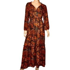 H & M Women's Long Autumn Orange & Brown Floral Peasant Dress Size 6